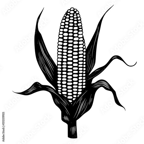 Stylized black vector icon of corn on the cob with leaves, perfect for gastronomy themes and agricultural illustrations