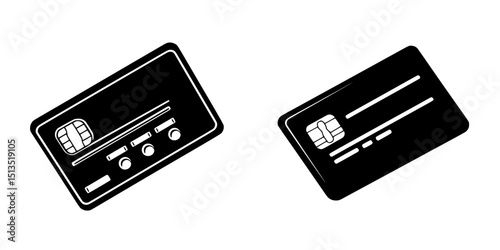 Black vector icon depicting two credit cards in side view, designed for digital payment representation and financial transactions