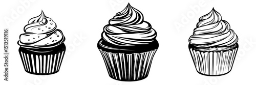 Three black vector icons of cupcakes featuring different frosting styles and designs to represent sweet treats