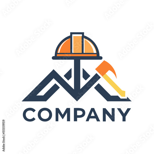 Construction company logo with hard hat and pickaxe symbol