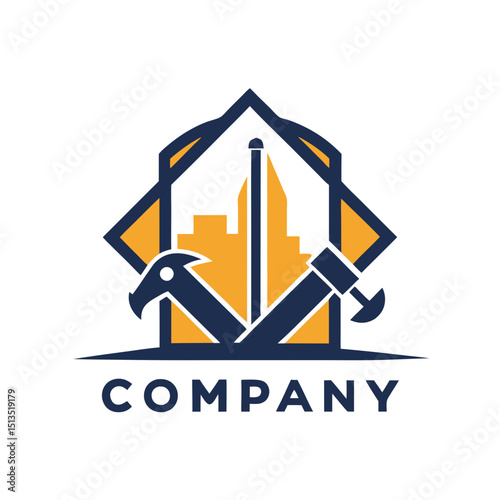 Construction logo showcasing city skyline and tools in frame