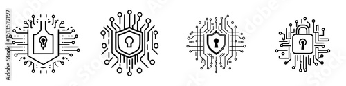 Black vector icons representing digital security and protection with various designs of locks and shields in a modern style
