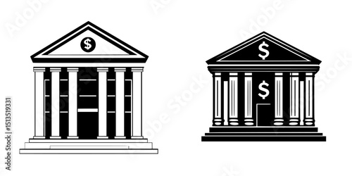 Black vector icons of classic bank buildings representing financial institutions and services in a minimalist style