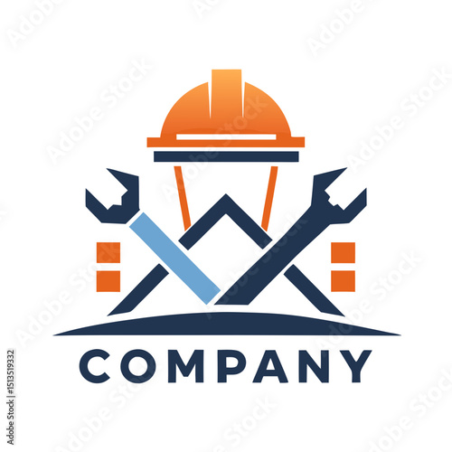 Construction company logo design featuring helmet and wrenches