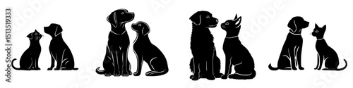 Black vector icons featuring a variety of dogs and cats interacting in different poses and settings