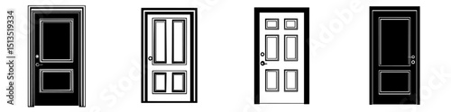 Different styles of doors represented in black vector icons suitable for design projects