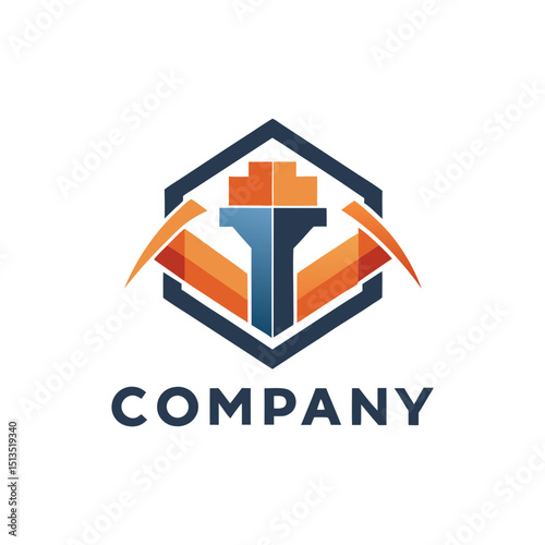 Abstract corporate logo design featuring mining tools and hexagon shape
