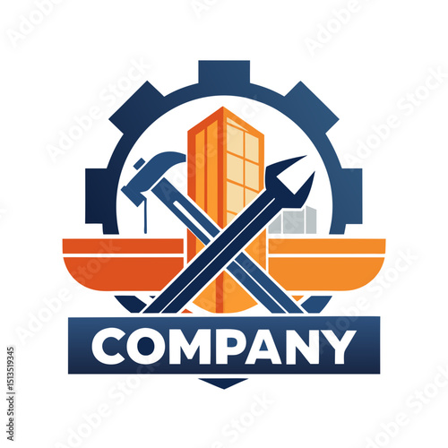 Construction company logo with gear, building, and tools