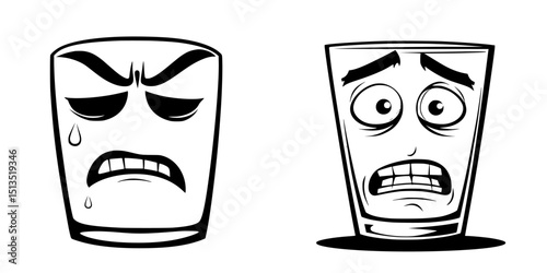 Expressive black vector icons depicting emotional drinking glasses showcasing sadness and fear