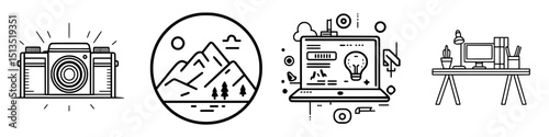 Vector icons representing photography, nature, technology, and workspace design elements for creative projects