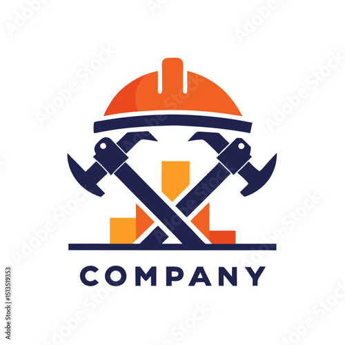 Construction company logo design with helmet and hammers