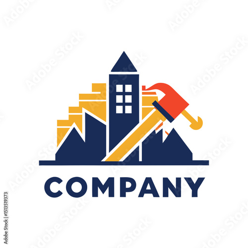 Construction company vector logo with hammer and building