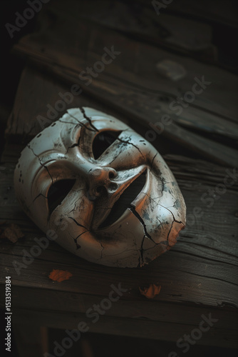 Cracked mask revealing a distorted smile, weathered on aged wood. Symbol of faded joy, hidden pain, and the passage of time.