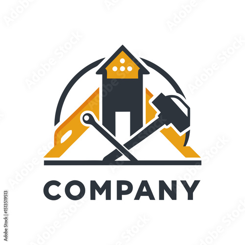 Construction company logo design with house and building tools