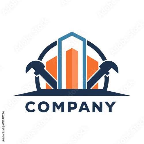 Construction company logo design with wrench and building icon