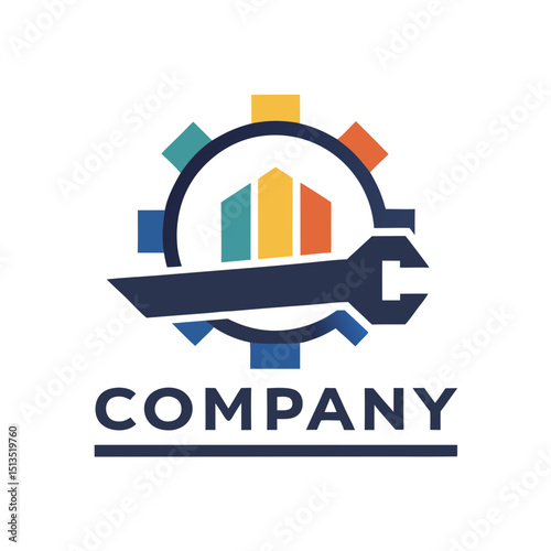 Gear and wrench logo with colorful building icon inside
