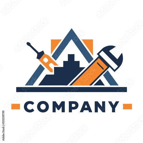 Bold construction logo featuring tools and an abstract building