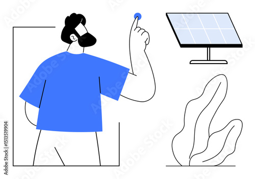Man reaching for a switch, solar panel symbolizing clean energy, surrounded by a plant. Ideal for sustainability, renewable energy, technology, innovation, eco-awareness, green initiatives simple