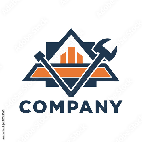 Construction company logo design featuring wrench and building icon