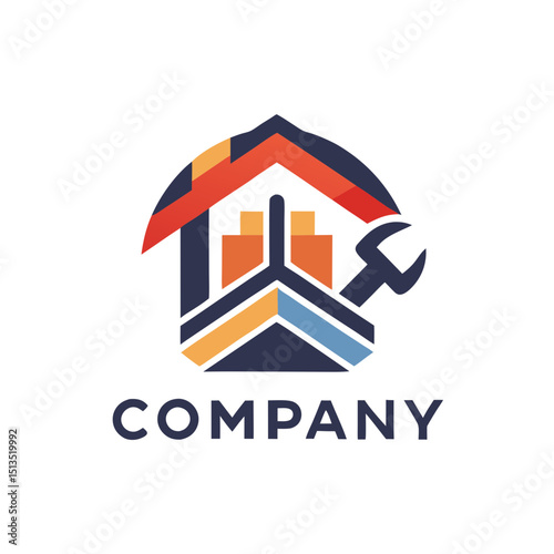 House repair logo concept with wrench tool and design