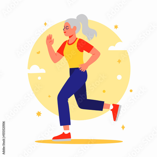 Active woman jogging with a joyful expression against a sunny background  