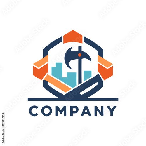 Modern Hexagon Logo Featuring Mining Pick and Cityscape Silhouette
