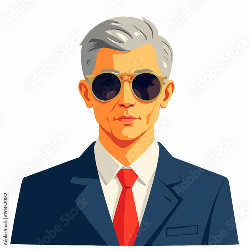 Mature man wearing sunglasses and suit with a confident expression  