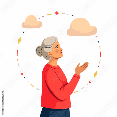Elderly woman with gray hair looking up and gesturing in bright colors  