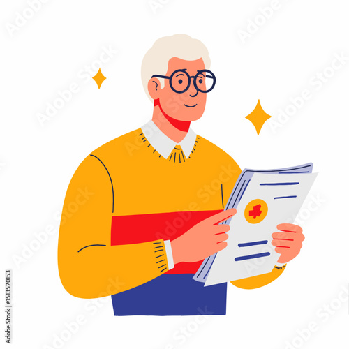 Older man reading medical document while smiling in colorful sweater  