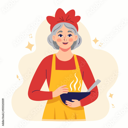 Elderly woman cooking in an apron while smiling at the kitchen  
