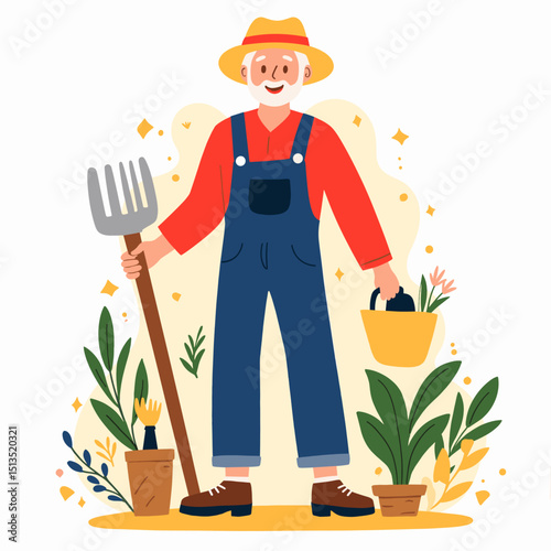 Senior man gardening with pitchfork and watering can surrounded by plants  