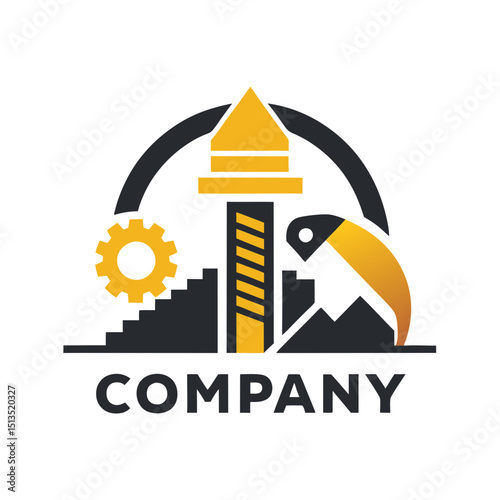 Abstract corporate logo featuring construction industry and technology elements