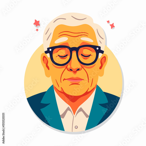 Elderly man with glasses looking serene and thoughtful in a circular design  