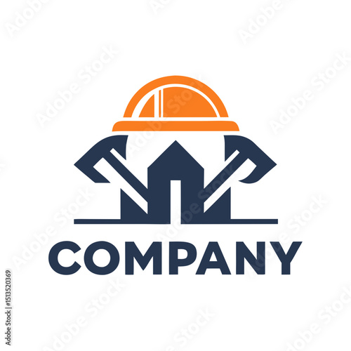 Construction Company Logo with Helmet and Hammer Symbol