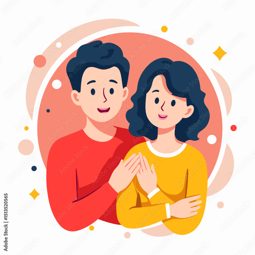 Fototapeta premium Young couple embracing and smiling in colorful, playful illustration 