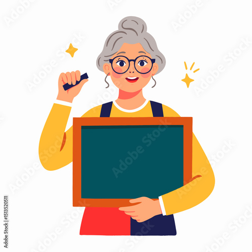 Elderly woman smiling while holding a chalkboard with markers  