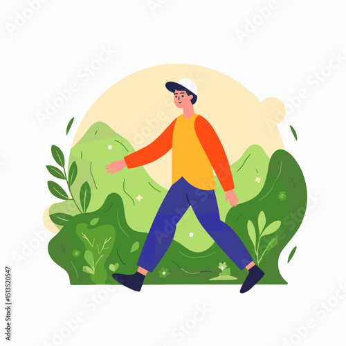 Young man walking in nature with green mountains and plants around  