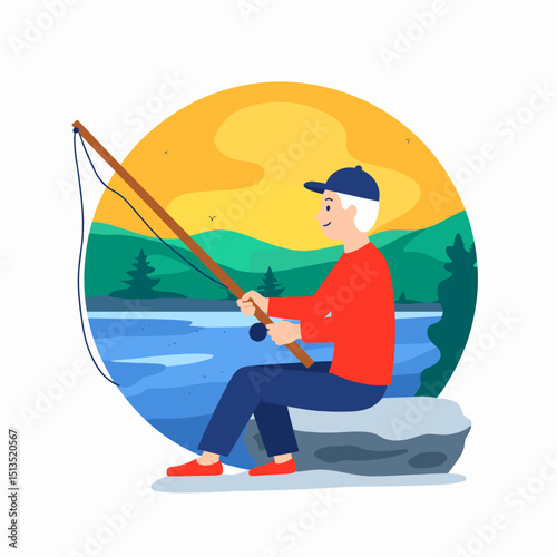 Elderly man fishing peacefully by the lake during sunset  