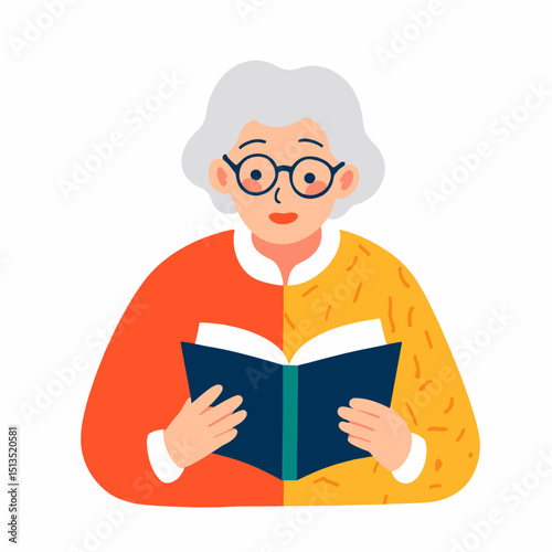 Elderly woman reading a book while smiling in a colorful outfit  