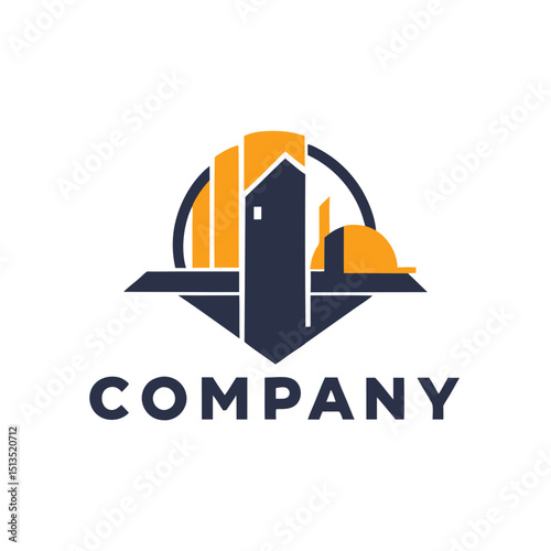 Construction Company Logo Concept Modern Building and Helmet