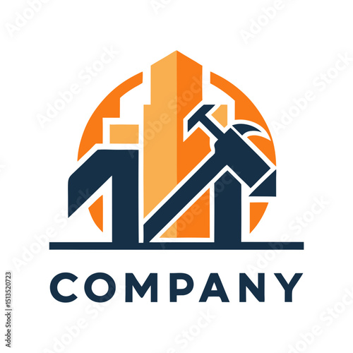 Construction logo design featuring buildings and hammer graphic icon