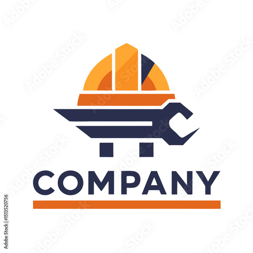 Construction company logo design with hard hat and wrench