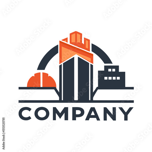 Construction company logo design with helmet and building icons