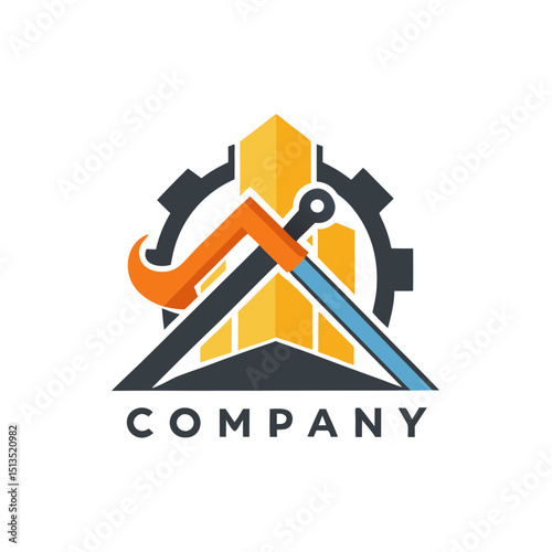 Construction Company Logo Design with Gear, Building, and Triangle
