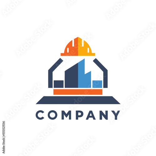 Modern construction company logo with building and safety helmet