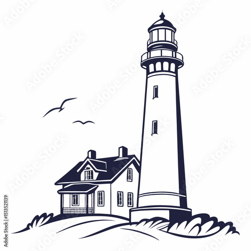 Lighthouse and keepers house coastal illustration