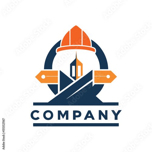 Construction company logo featuring helmet, building and circle shape