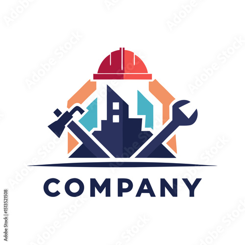 Construction and repair company logo with building silhouette