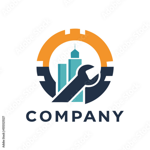 Gear, buildings, and wrench logo for real estate maintenance
