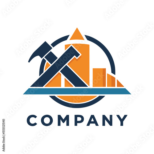 Construction company logo with modern building and hammer icon